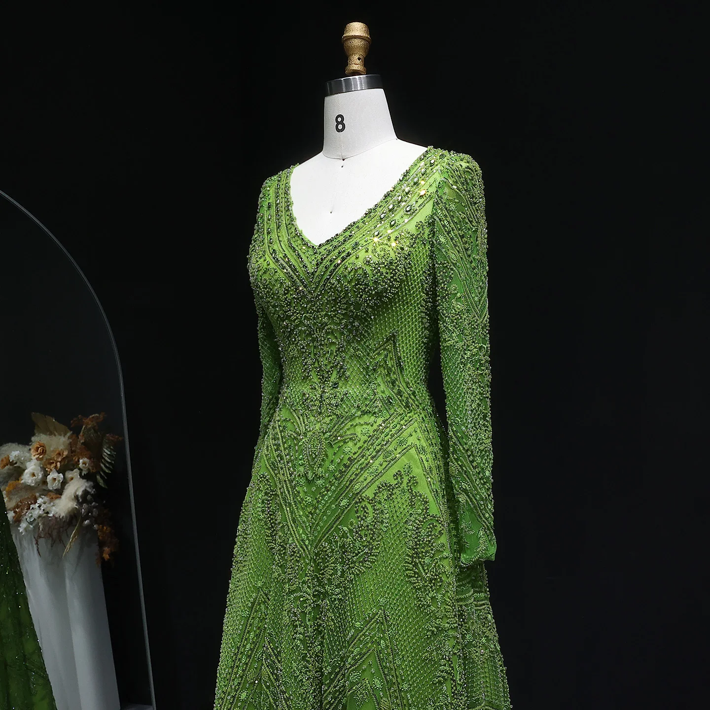 Sharon Said-vestido de noche de manga larga, color verde lima, cuello en V, cuentas de lujo, vestidos de fiesta árabes para graduación para mujer SS110 personalizado