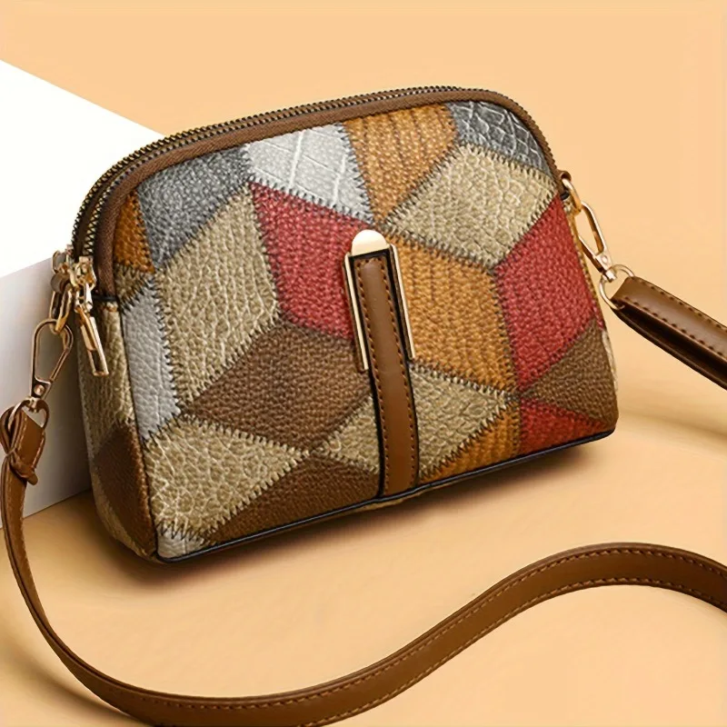 Vintage Geometric Contrast Color Patchwork Mini Crossbody Bag Stylish Zipper Lipstick Coin Leather Shoulder Bag for Daily Use