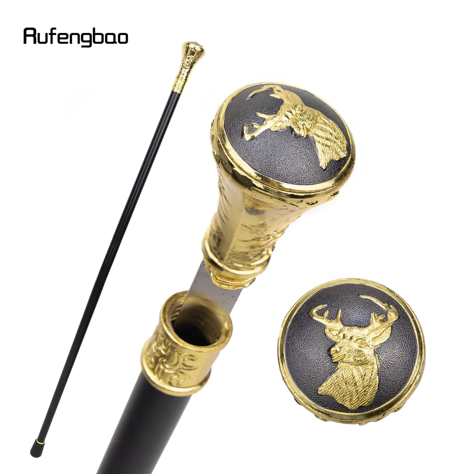 

Gold Luxury Sika Deer Head Single Joint Walking Stick with Hidden Plate Self Defense Fashion Cane Plate Cosplay Crosier 93cm