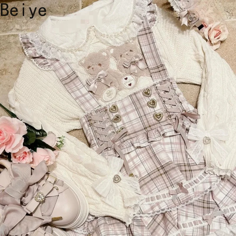 Kawaii Lolita Cropped Sweater Women 3D Bear Appliqué Ruffle Neck Bow Cuff Cable Knit Jumpers Sweet Girly Long Sleeve Pullover