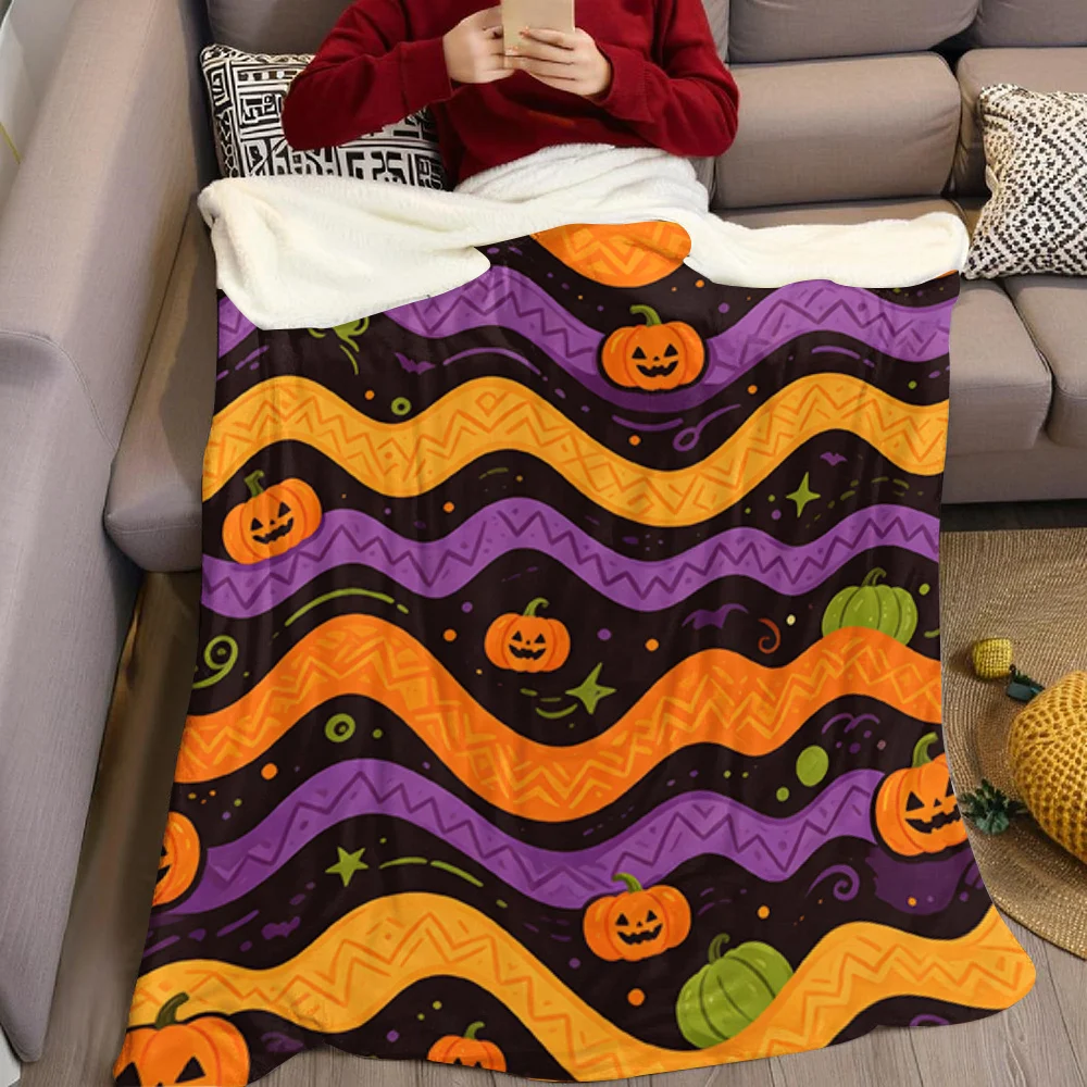 Halloween Pumpkin Waves Flannel Blanket Warm Soft Halloween Christmas All-Season Couch Decorative Cozy Warm Gift