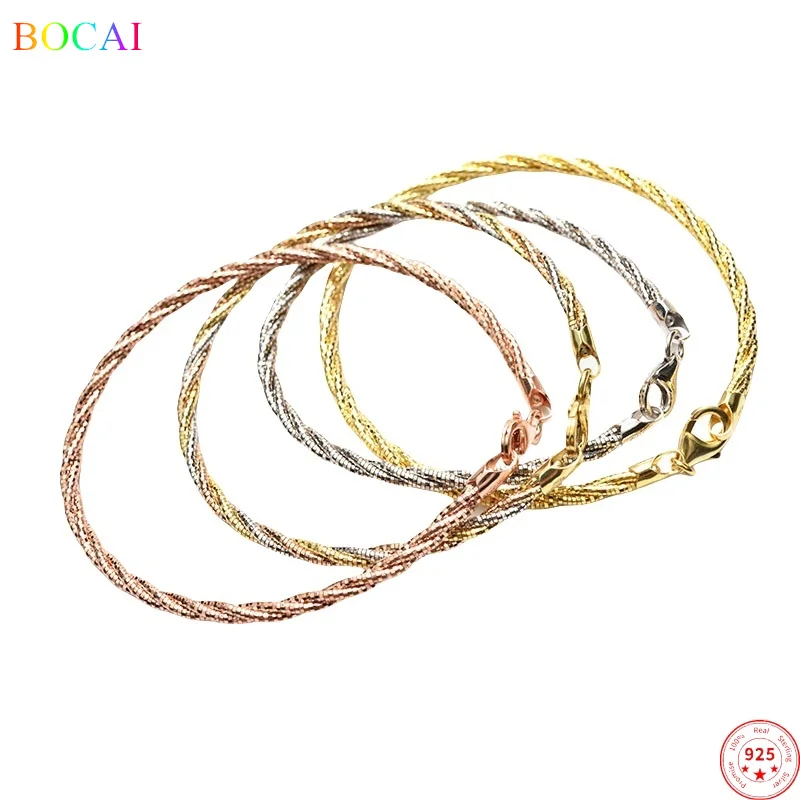 BOCAI S925 Sterling Silver Charms Bracelets for Women Colors Gold Plated 3-lines Argentum Wires Weaven-chain  Jewelry Wholesale