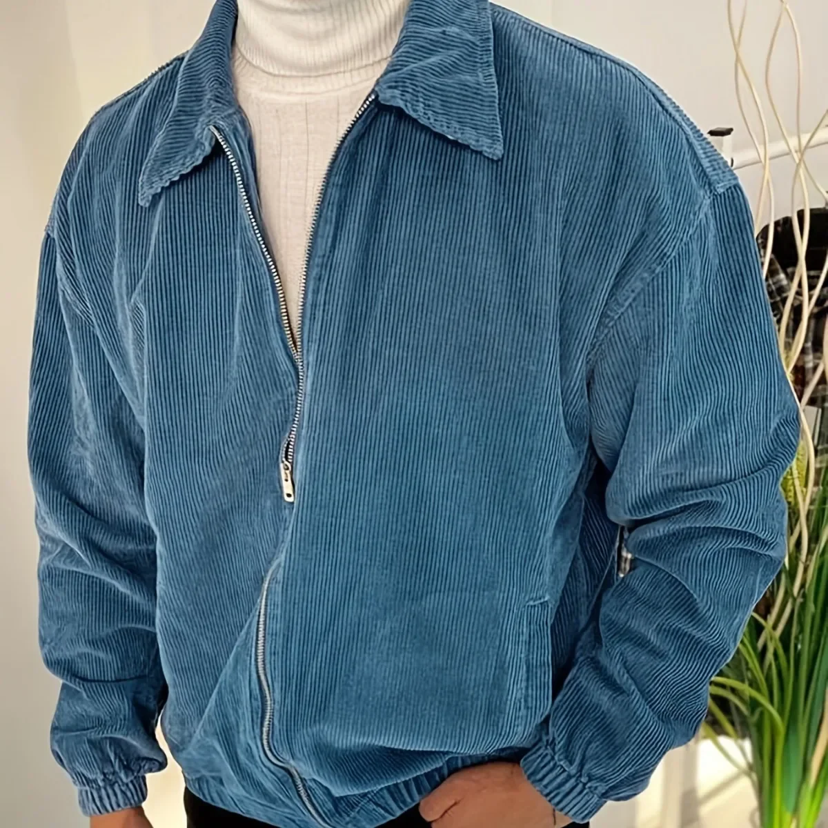 Chaqueta de pana de manga larga para hombre, abrigos sueltos con solapa y cremallera, ropa de calle, Color azul sólido, moda coreana, otoño