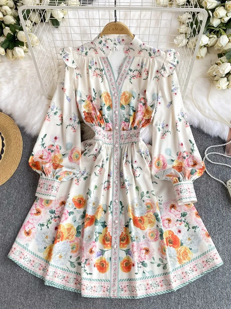 New Vintage Women Short Party Dress Female Palace Attire Female Long Sleeve Printed V Neck Dresses Woman Elegant Holiday Rober