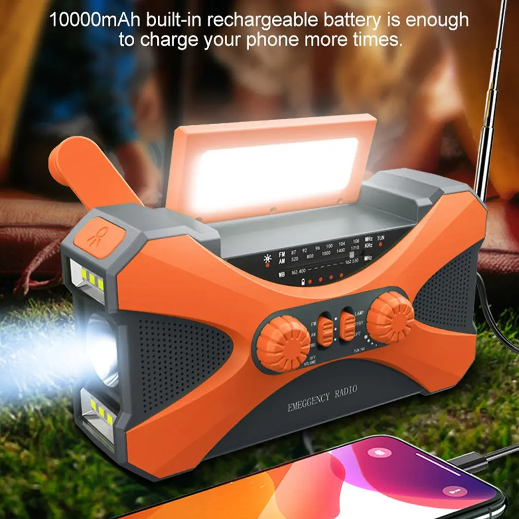 Radio de emergencia portátil, dispositivo de 10000mAh, AM, FM, WB, NOAA, Solar, con manivela, linterna LED, alarma SOS, Banco de energía