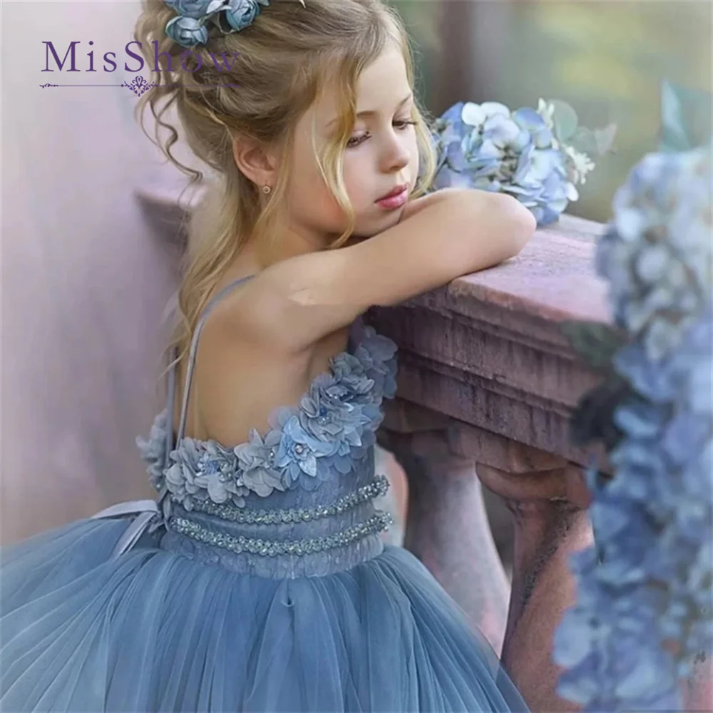 MisShow Customized Blue Princess Dress for Girls with Spaghetti Straps 3D Flower Detail Kids Birthday Pageant Ball Gown