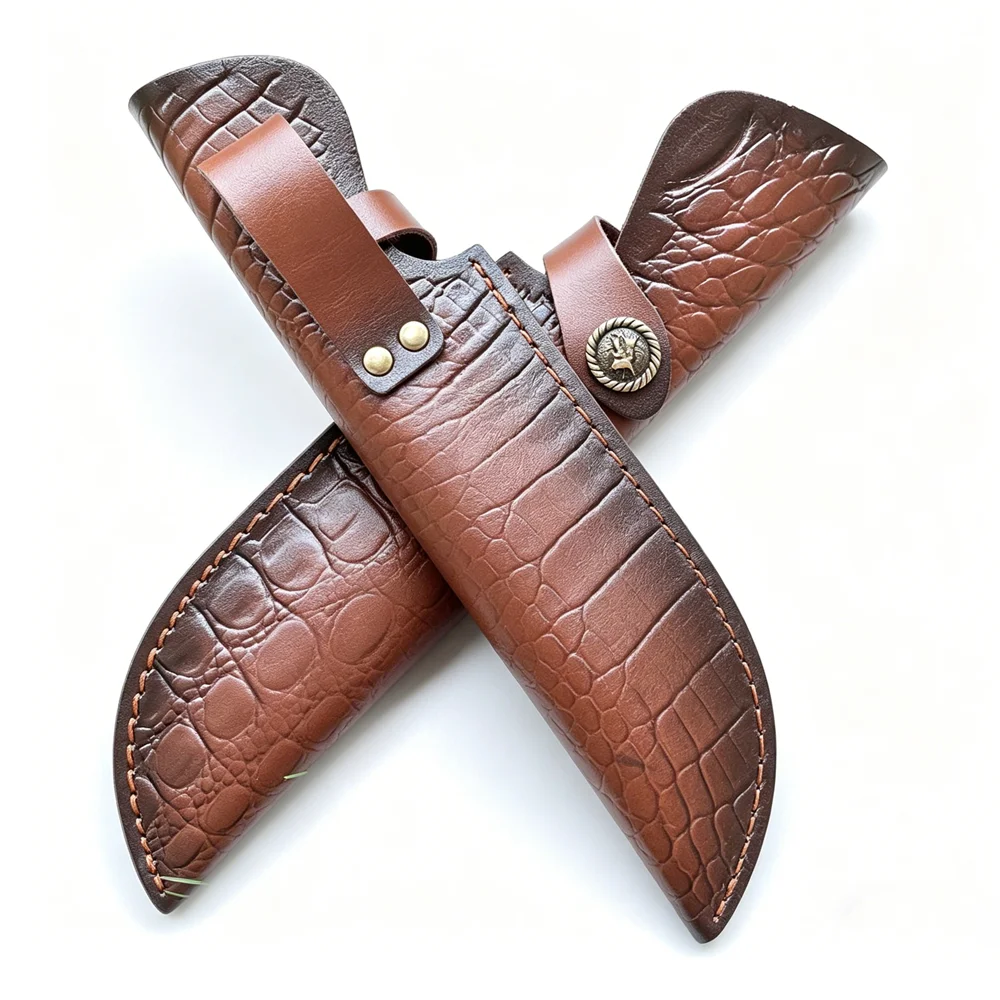 

28cm Fixed Blade Knife Scabbard Embossed Cowhide Top Grain Leather Camping Knife Case Hunting Holsters with Belt Buckle