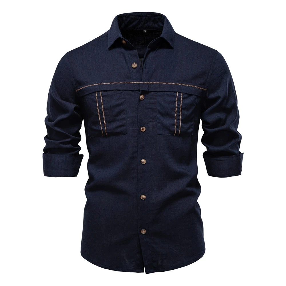 

Spring and summer new luxury fashion men's casual shirt European size solid color pocket decoration long sleeved shirt men's top