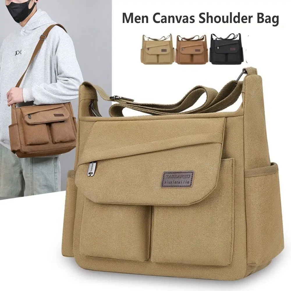 

Мужская парусиновая сумка через плечо большой емкости с несколькими карманами в корейском стиле, однотонная сумка через плечо на молнии, деловая сумка