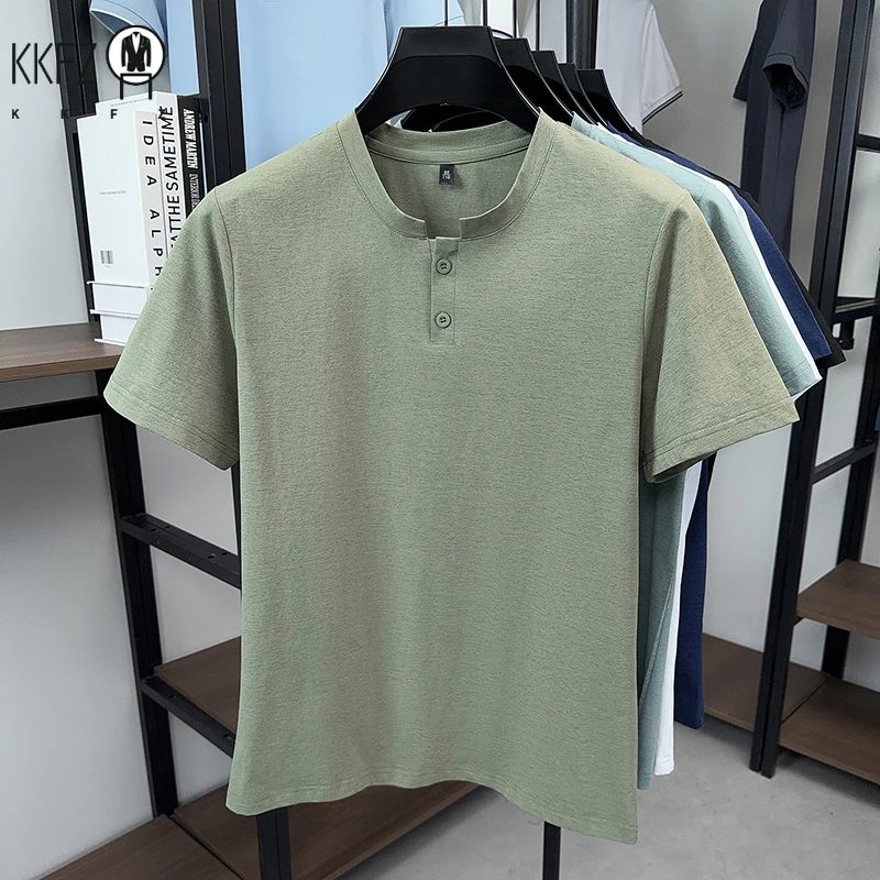 Sweat resistant plain henley short sleeve tee for men two button collar elastic knit commuting walking daily apparel