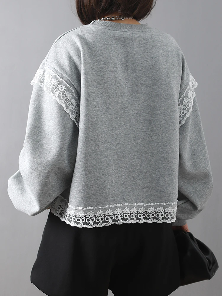 Fashion Lace Printed Bow Sweatshirts Women Black Grey Autumn Winter Long Sleeve Casual Grey Pullovers Female 2024 New Y2K Hoodie