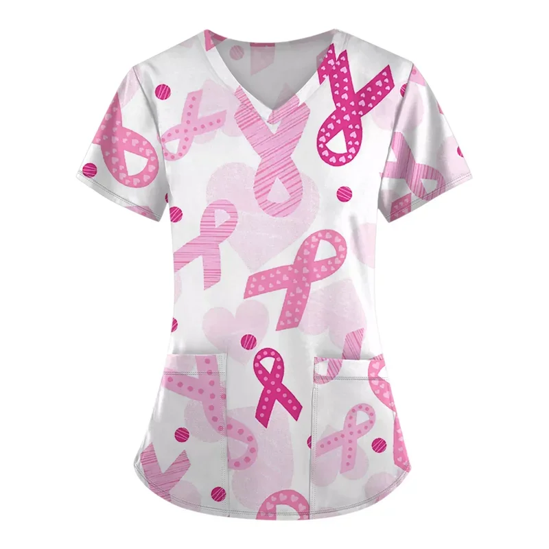 Damen-Krankenpflegehemd mit rosa Schleifendruck, kurzärmelig, VNurse-Uniform mit Taschen für klinische Arbeit. – Detail 6