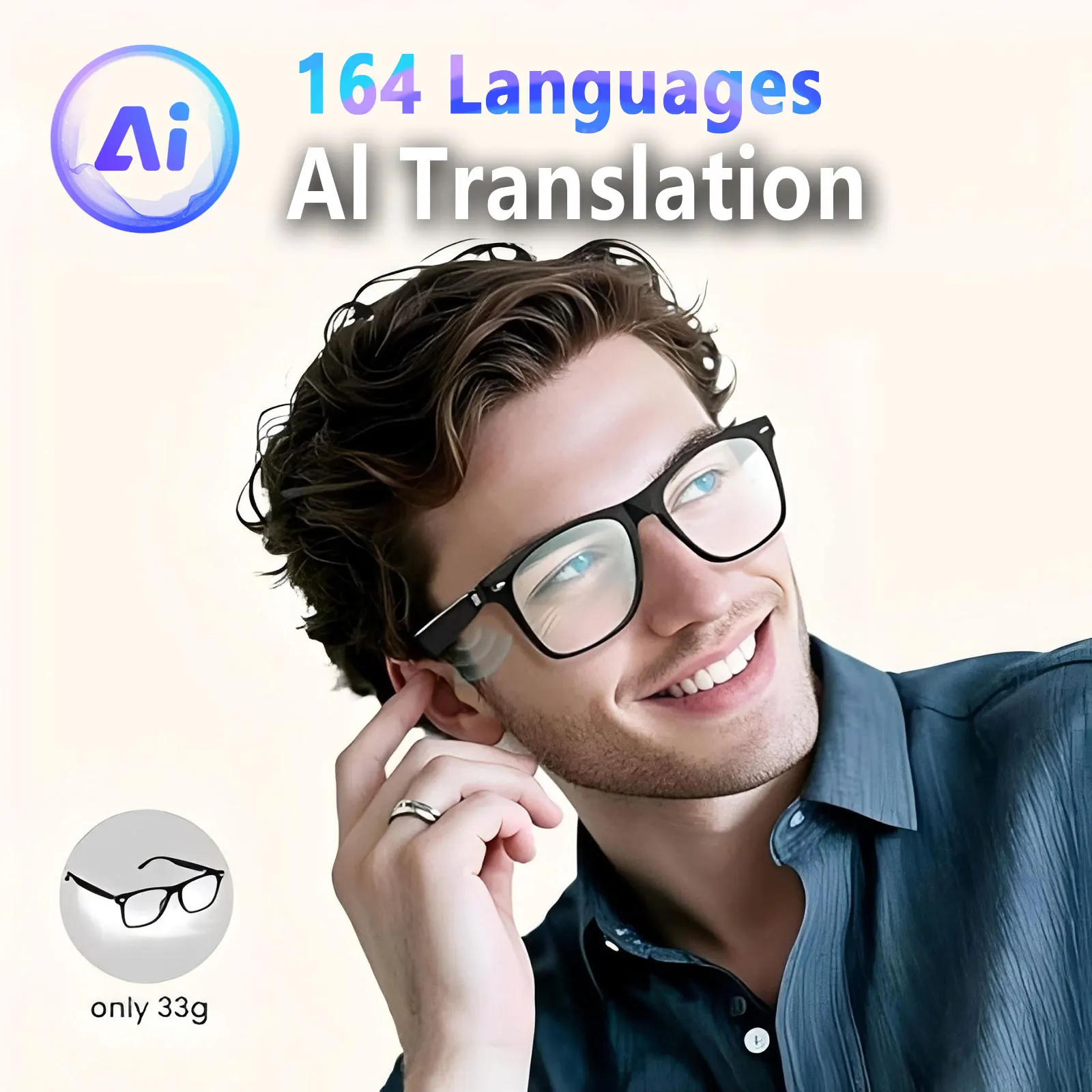 Smart AI translation glasses equipped with anti-blue light lenses, supporting real-time application translation in 164 languages