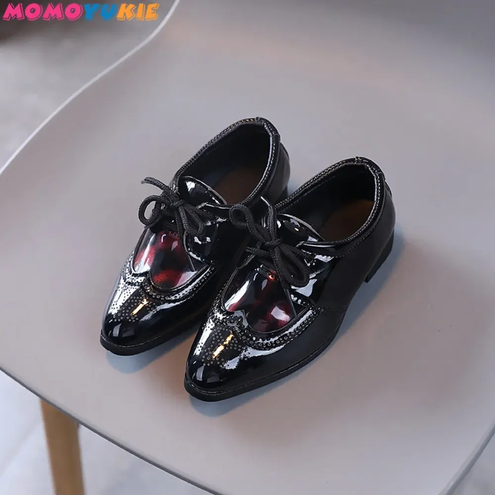 2022 Fashion Formal British Style Boys Performance Leather Shoes Kids Pointed Toe Shoes Children Party Shoes Lace-up Low Heels