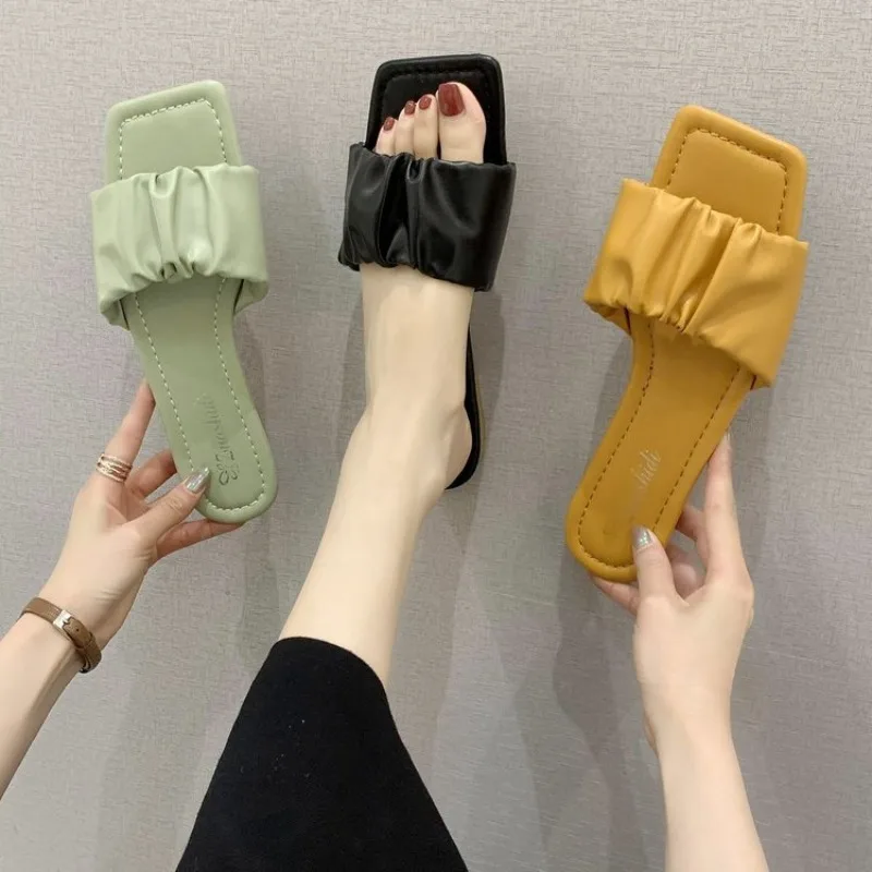 Fashion Women's Ruched Band Slides Sandals Elegant Square Toe Flat Shoes for Woman New Comfortable Casual Slip-On Slippers