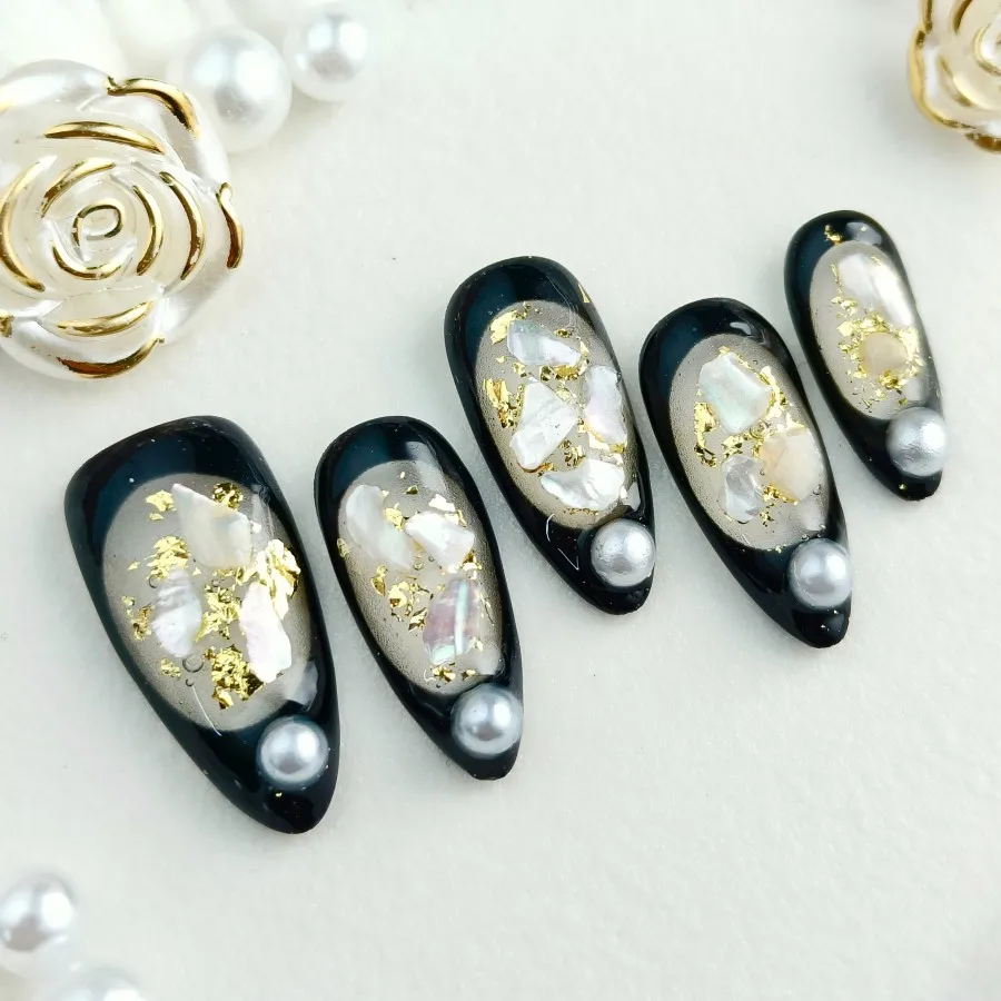 10pcs press fake nails, black elegant artificial nail suit, decorated with pearl paste fake nails, luxurious stick - on nails