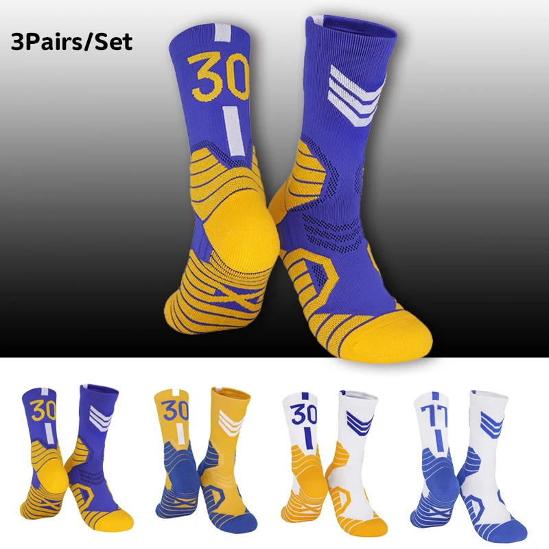 3 pairs Basketball Crew Socks for Men and Women, Cushion Performance Athletic Basketball Socks  GOLDEN Numer 30