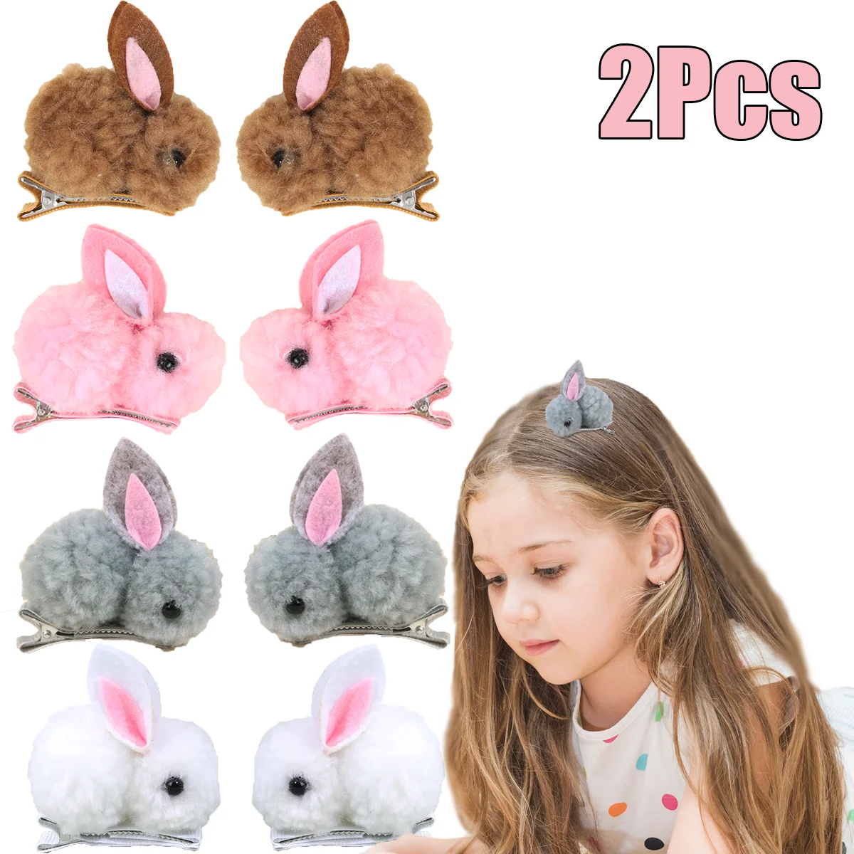 

2Pcs Cute Bunny Hair Clips 3D Soft Hairball Plush Rabbit Hairpins For Baby Girls Children Headwear Ornaments Accessories Gifts