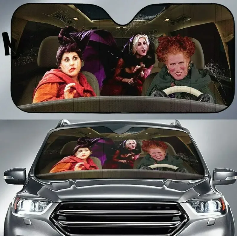 Halloween Hocus Pocus Car Sun Shade, Funny Witch Sun Shade, Car Accessories windshield sunshade