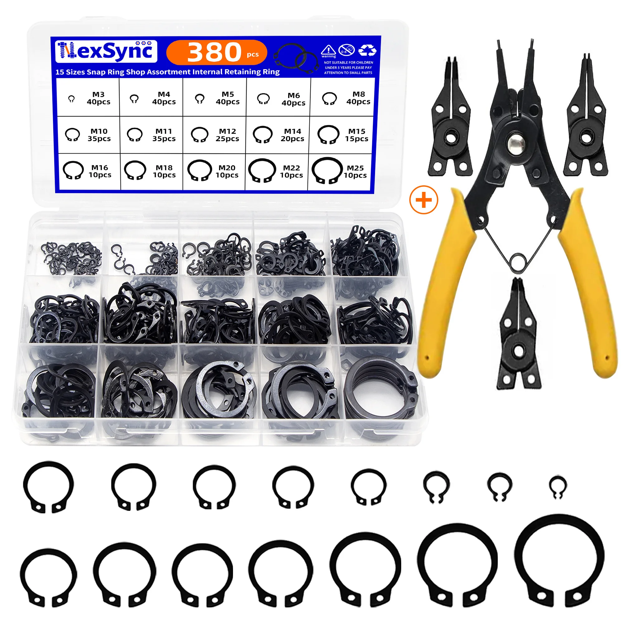 380pcs snap Ring + Plier Assortment Internal Retaining Ring M3 M4 M5 M6 M8 M10 M12 M14 M15 M16 M18 M20 M22 M25