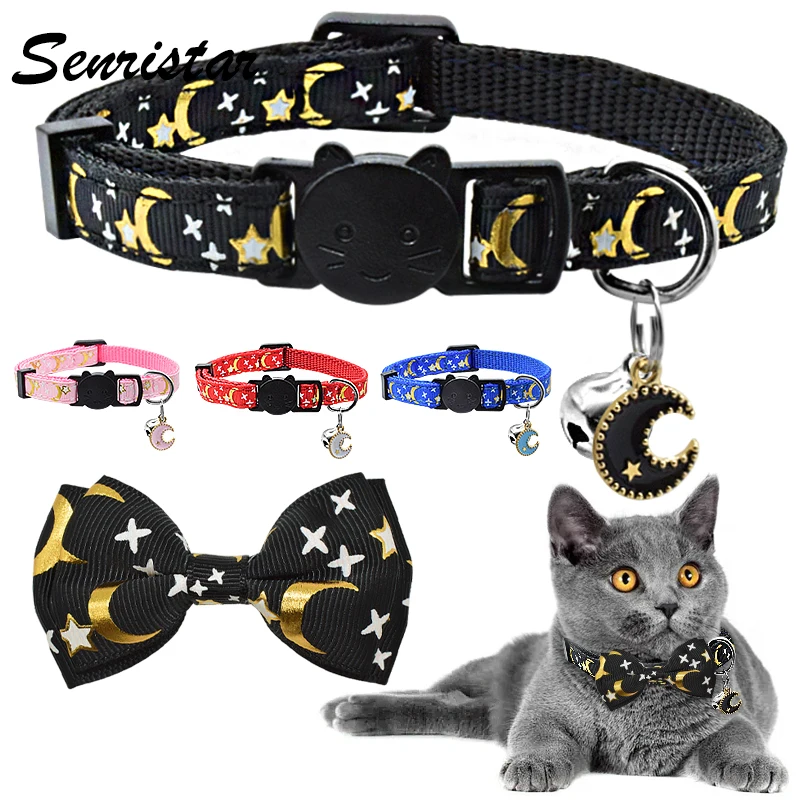 

Star Moon Bow Tie Cat Collar Bell Breakaway Safety Soft Cat Collar Necklace Adjustable Cute Pretty Bowknot Cat Collar For Kitty