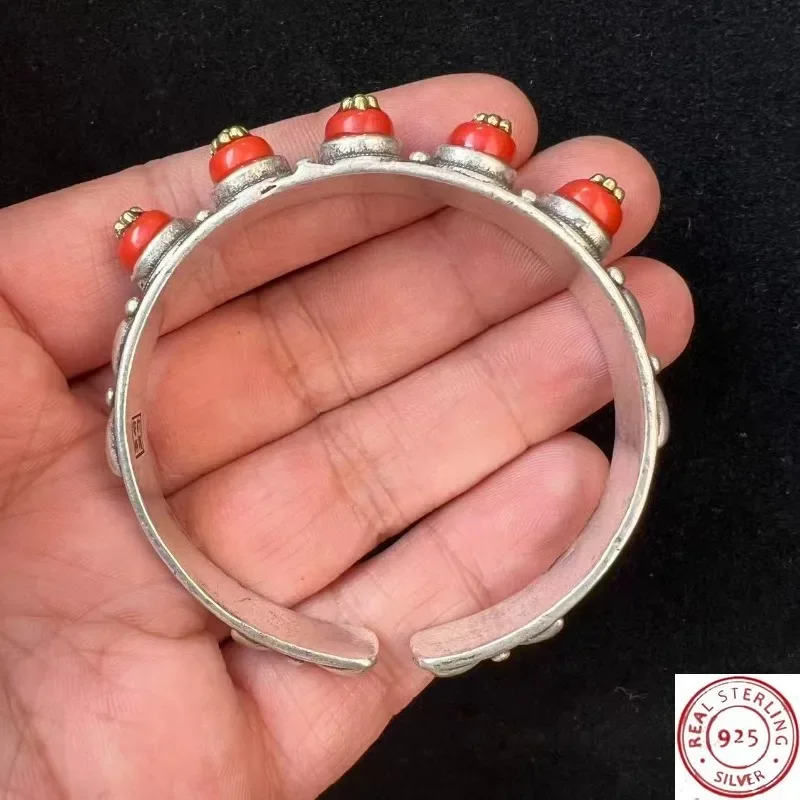 2026Vintage Handmade Coral Gem Silver Bracelet, Adjustable Open Design, Ethnic Style, Exquisite Neutral Tone Jewelry