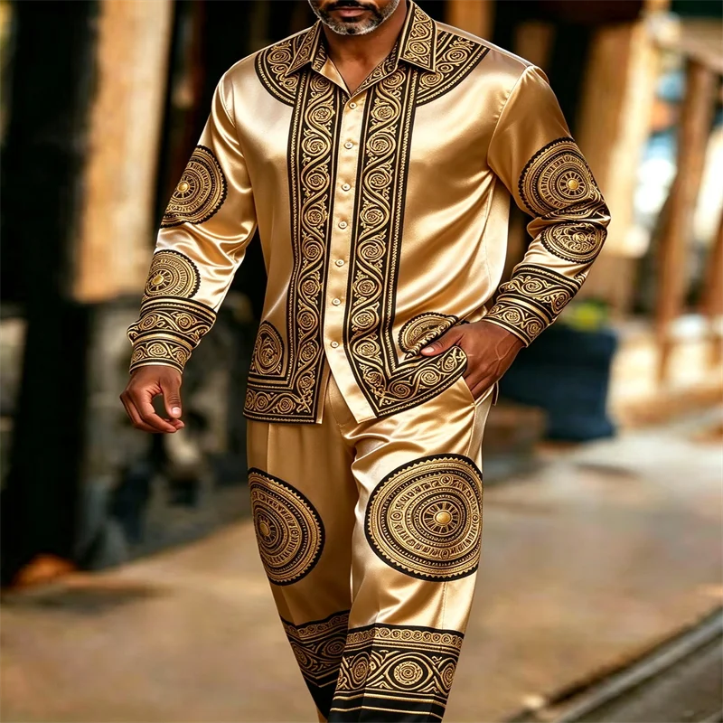 Men Satin 2 Piece Outfit African Tribal Ethnic Print Long Sleeve Button Shirt & Pants Male Luxury Silky Loungewear Home Suit Plu