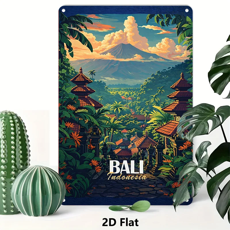 2D Flat, 1pc Bali Indonesia Tinplate Painting Wall Art for Living Room Bedroom Hallway Kitchen Decoration Gift for Him or Her Ho