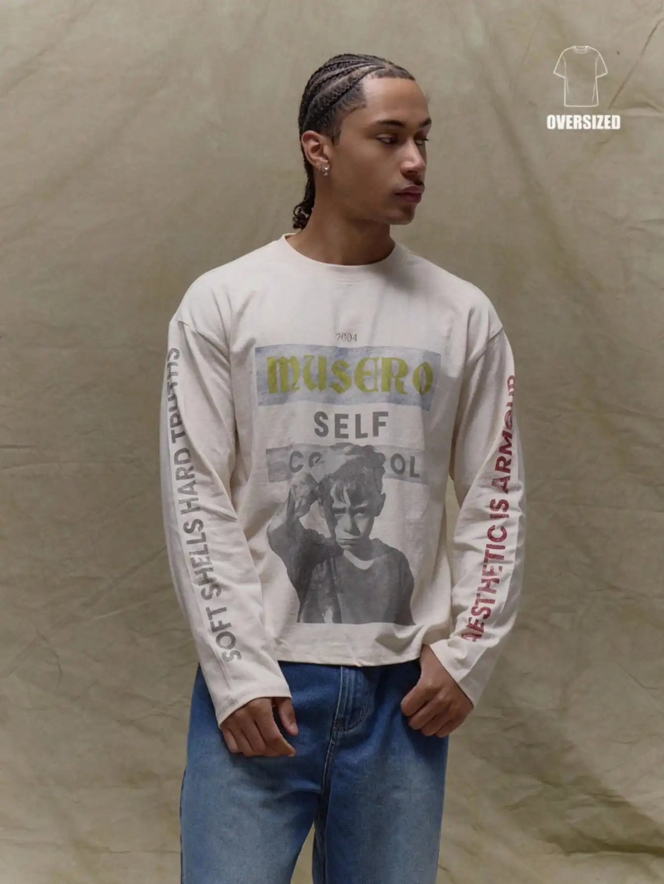

Oversized Long Sleeve Graphic Tee with Slogan Print - Cream, Loose Fit