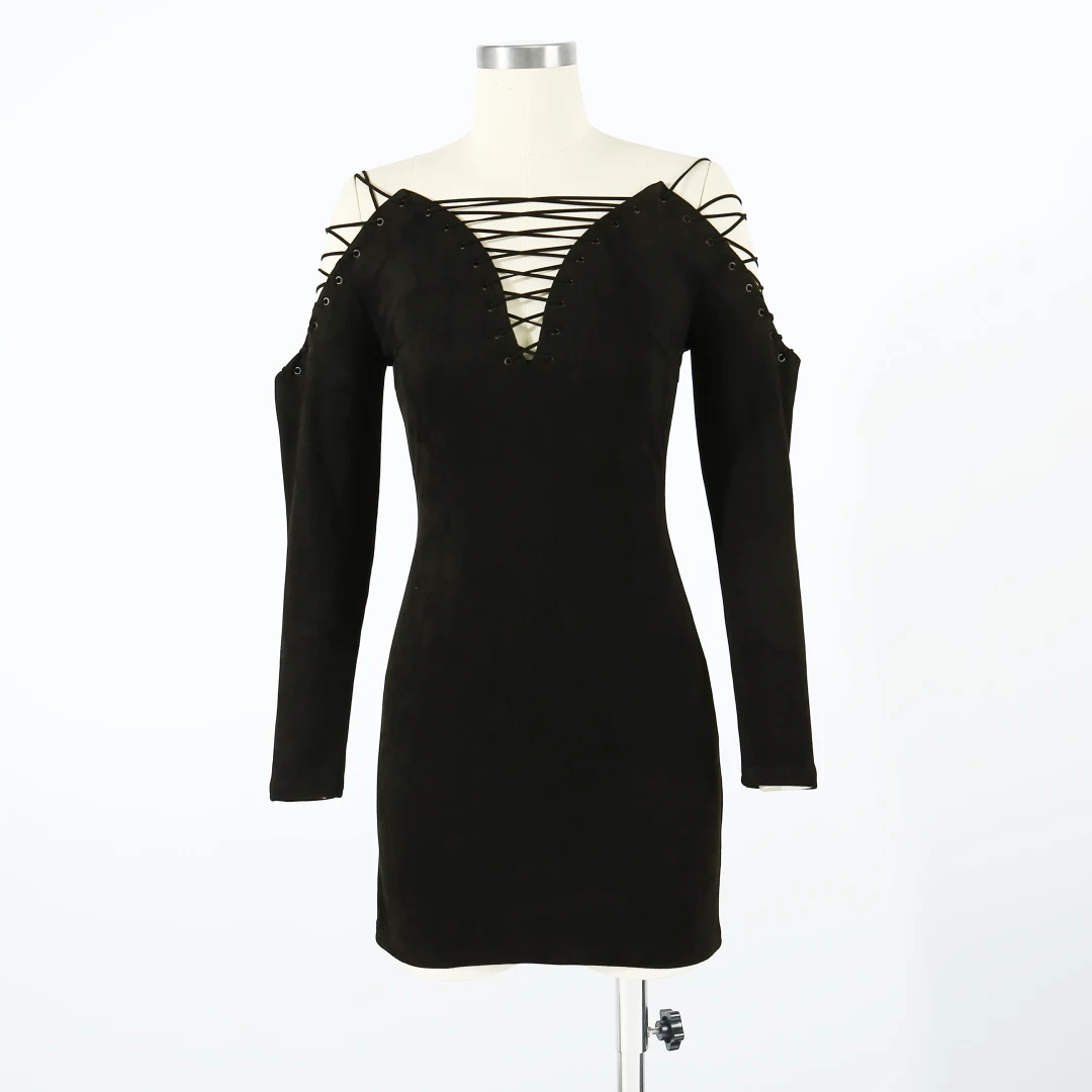 Vestido feminino de camurça e veludo com alça cruzada, decote em v profundo, manga comprida, elegante e elegante, outono 2025, nova chegada