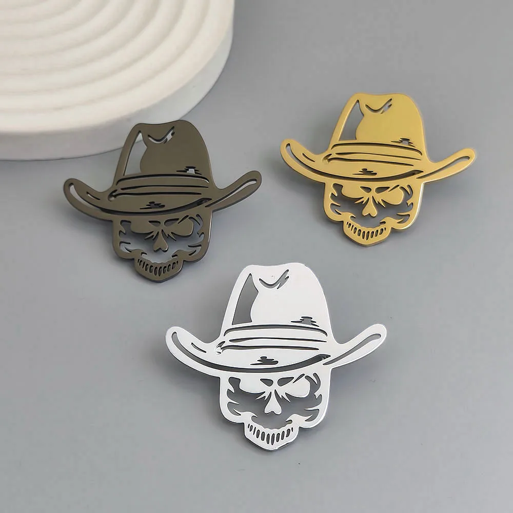 Cowboy Skull Brooch Hollow Stainless Steel Pin Gold Black Silver Color Retro Style Badge for Men Suit Coat Accessories