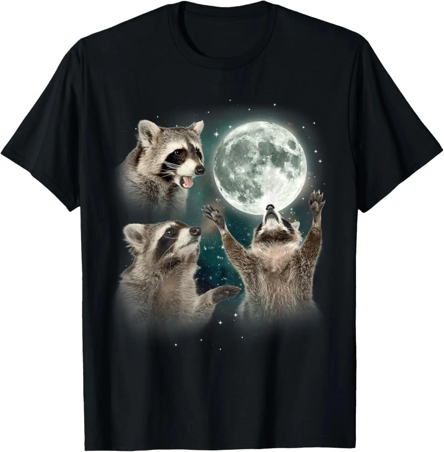 Raccoon | 3 Racoons Howling At Moon Funny Weird Cursed T-Shirt 100% Cotton Trendy Y2K Short-Sleeve Tee-Soft, Quick-Drying,