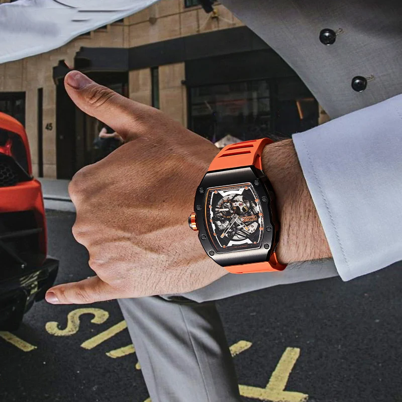 BONEST GATTI Men's Automatic Mechanical Watch German Craftsmanship Skeleton Tonneau Design with Luminous Function Luxury Mechani