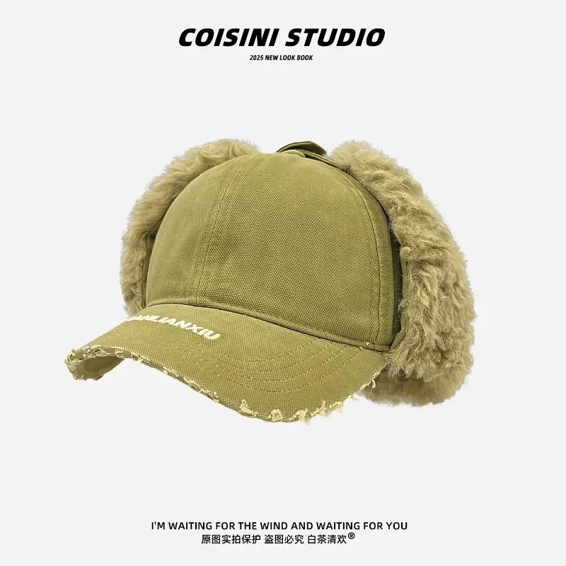 Ins Niche Letter Embroidered Plush Pilot Caps for Women Winter Outdoor Riding Ear Protection Warm Thick Bomber Hats for Men