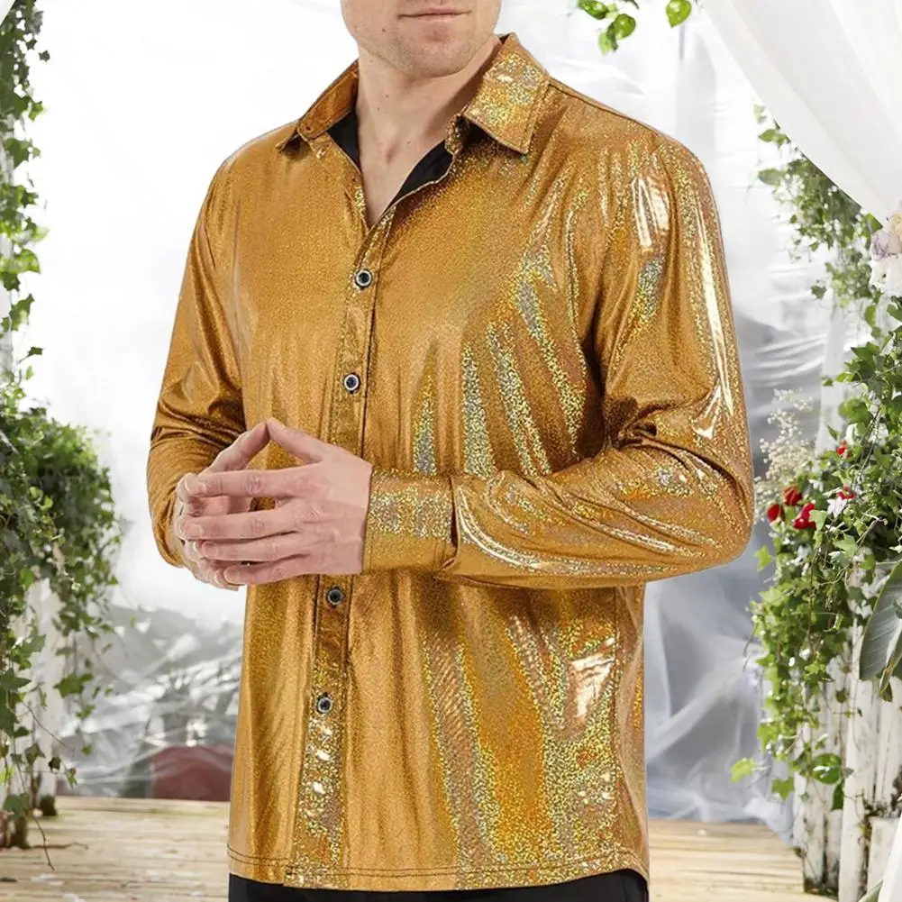 Fall Men Shirt Glossy Shiny Surface Turn-down Collar Single-breasted Long Sleeves Loose Solid Color Christmas Party Nightclub Da