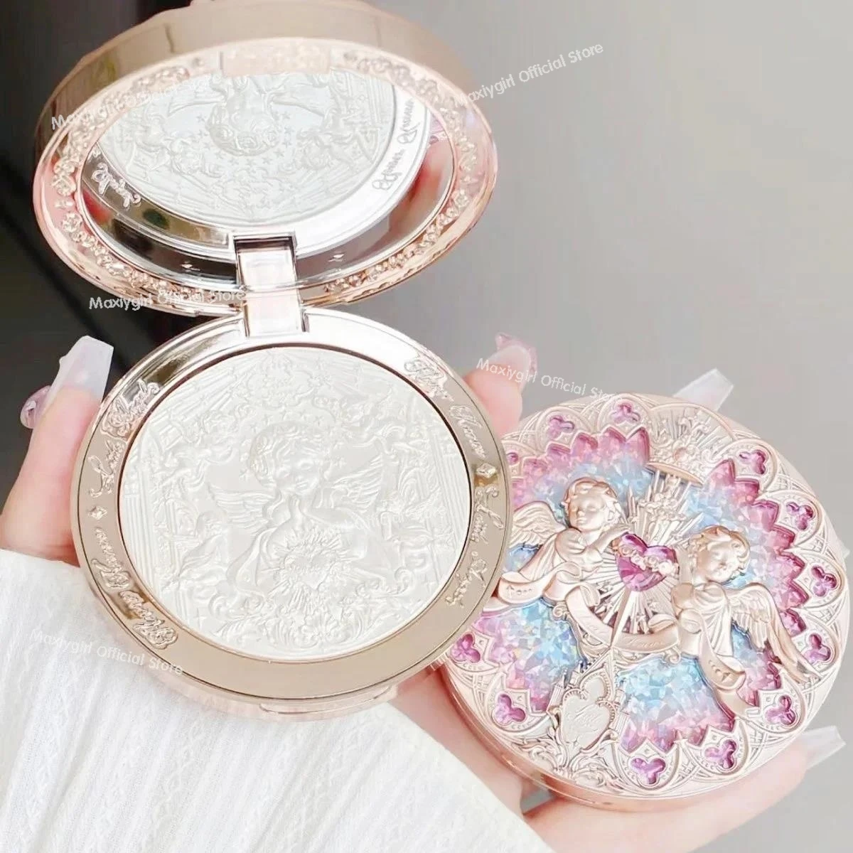 Flowerknows Little Angel Embossed Shimmer Face Highlighter Palette Diamond Glitter 3D Contour Makeup