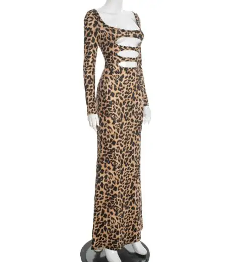

Womens Dresses 2025 Spring Autumn New Fashion Leopard Print Square Neck Hollow Out Long Sleeve High Waist Bag Hip Long Dress