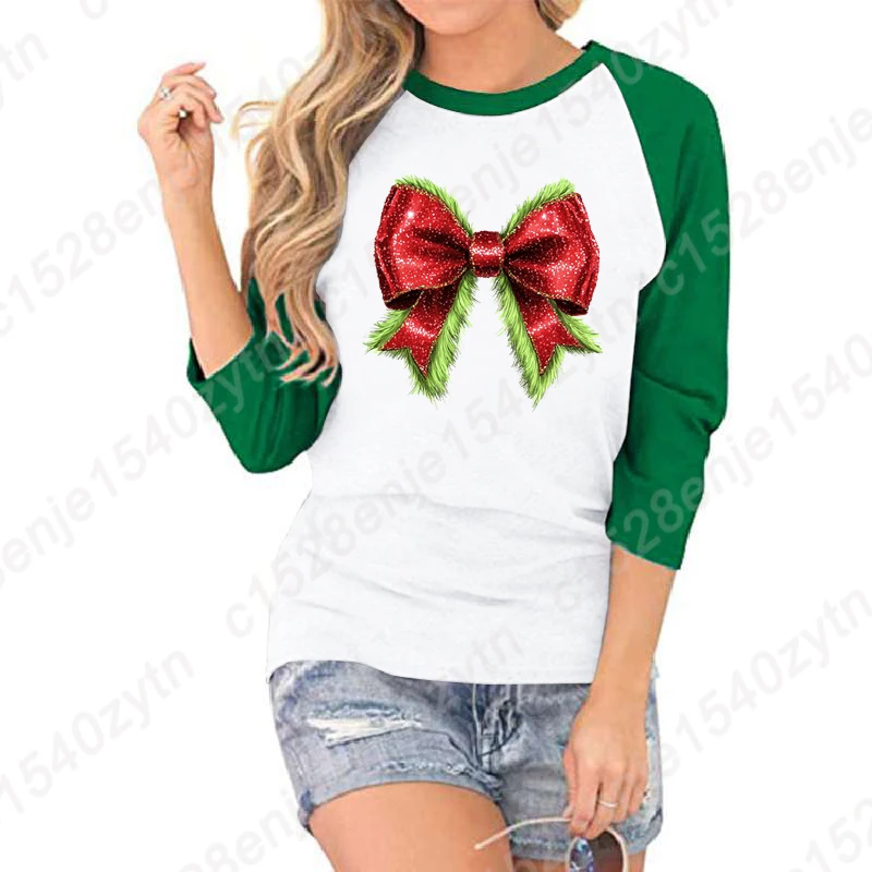 Cute Christmas Bow Print T-Shirts Women Loose Seven Sleeves Shirt Funny Round Neck Three Quarter Sleeve Shirt Casual Summer Tops