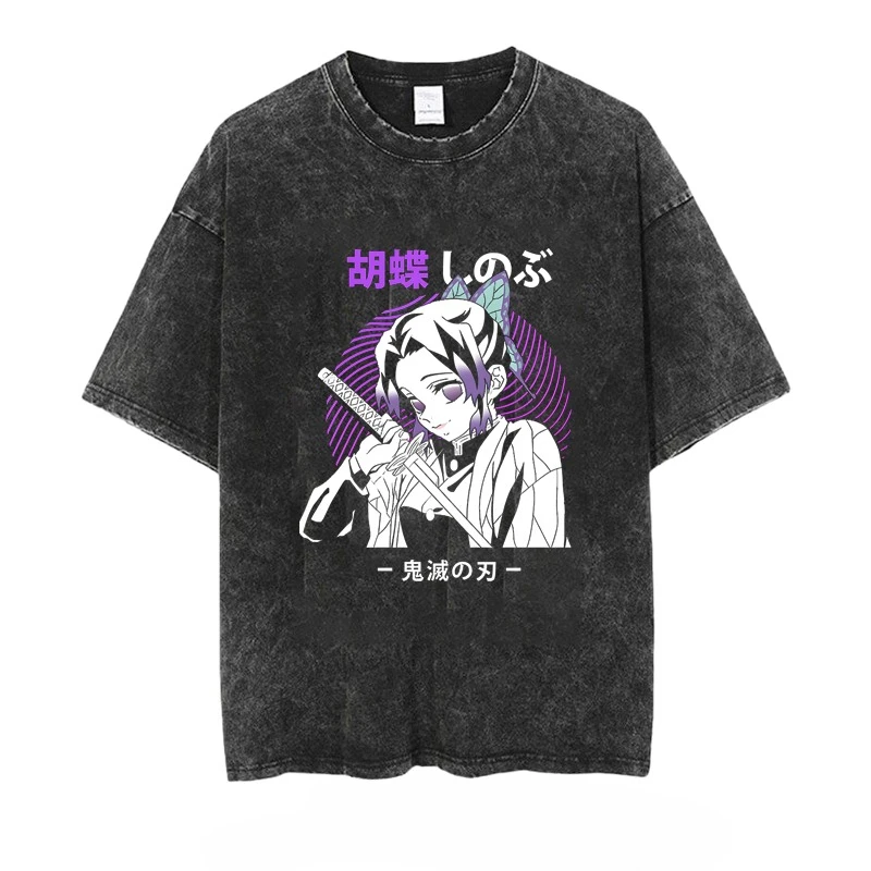 2026 New Demon Slayer Anime High Quality T-Shirt Men and Women Cotton Vintage Washed Print Retro Streetwear Sports Fitness Tops