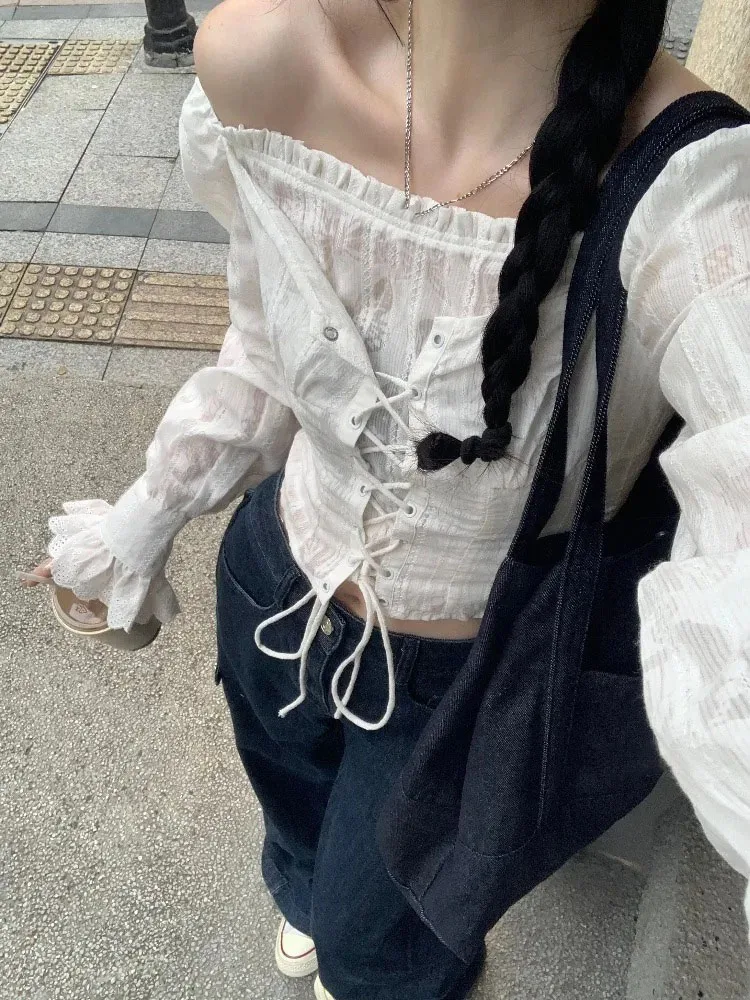 

Crop Tops Blouses For Women's Bandage Long Sleeve Slash Neck Shirts Camisas De Mujer 2025 Ruffles Fashion Sexy Summer Blouse