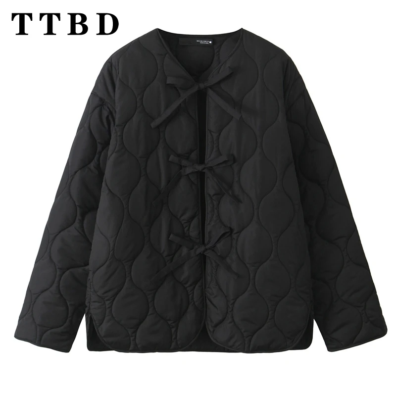 TTBD 2024 Winter New Fashion Casual Warm Women’s Cotton Padded Loose Jacket Short Coat Outerwear with Vintage Buckle and Large P