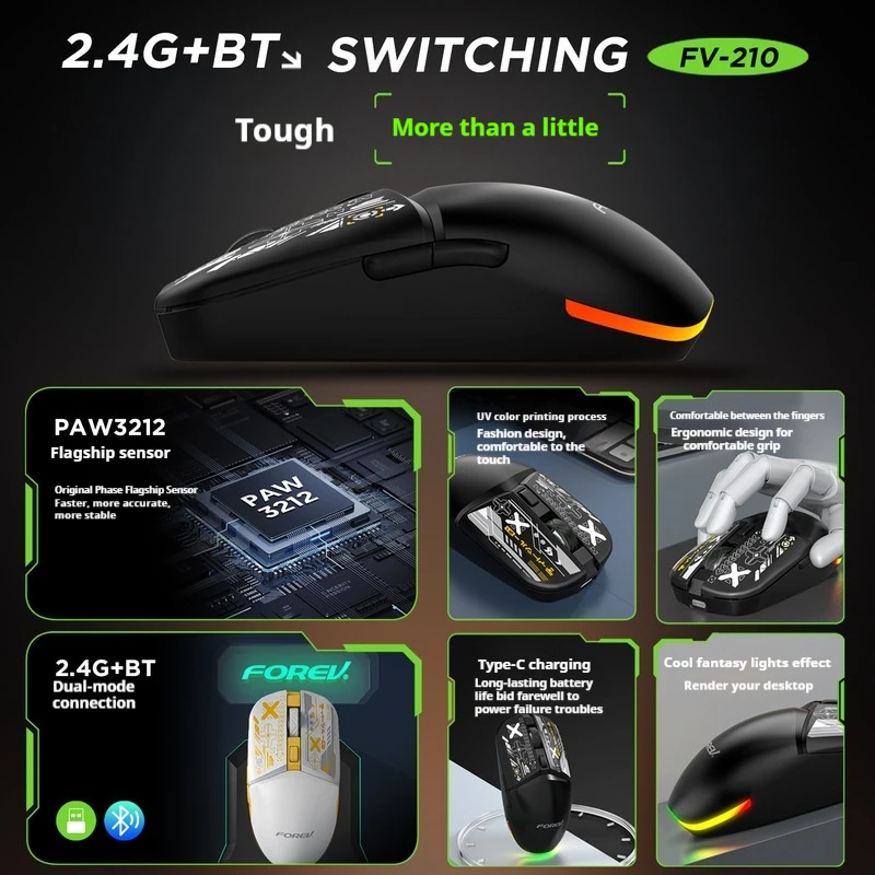 Esports Wireless Dual-Mode Gaming Mouse 6 Buttons Paw3212 Sensor 3200dpi Rgb Lighting Effect Tablet Laptop Office Gaming Mouse