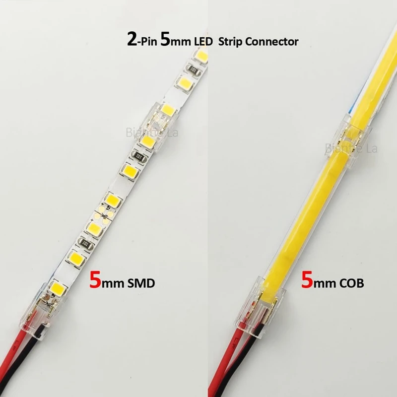 25PCS 2-Pin 5mm COB LED Strip Connector Kit for Strip-To-Wire and Strip-To-Strip Joints on 5V-24V DC LED Light Strip