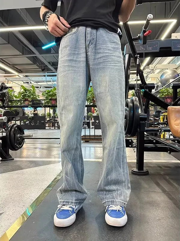 

Blue Bamboo Bud Pattern Flared Jeans Men's Autumn Winter American Retro Fce Straight Leg Long Pants Cleanfit Loose Fit