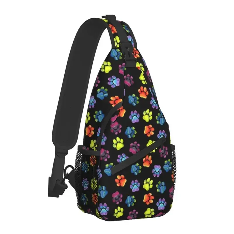 Black Rainbow Paw Print Pattern Sling Chest Crossbody Bag Men Casual Shoulder Backpack for Travel Cycling