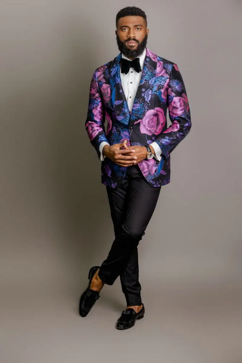 Luxury Wedding Groom Tuxedo Purple Floral Jacquard Suits Men Shawl Collar Blazer Formal Office Evening Dress Man Clothing