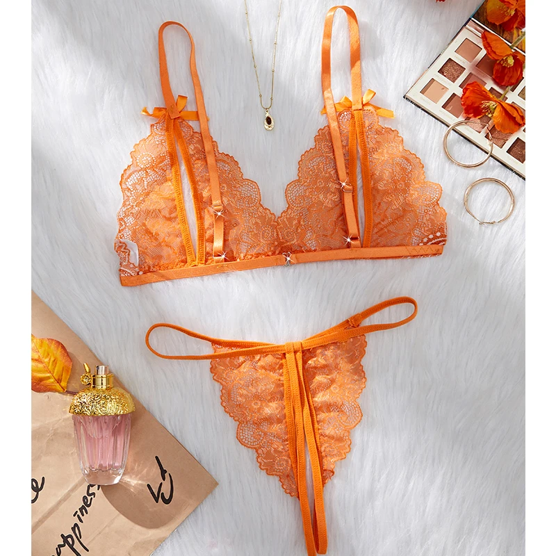 Transparent Adult Women's New Sexy Orange Lace Bra Set Bow Flower Color Blocked Pattern Porn Hollow  Crotchless Exotic Lingerie