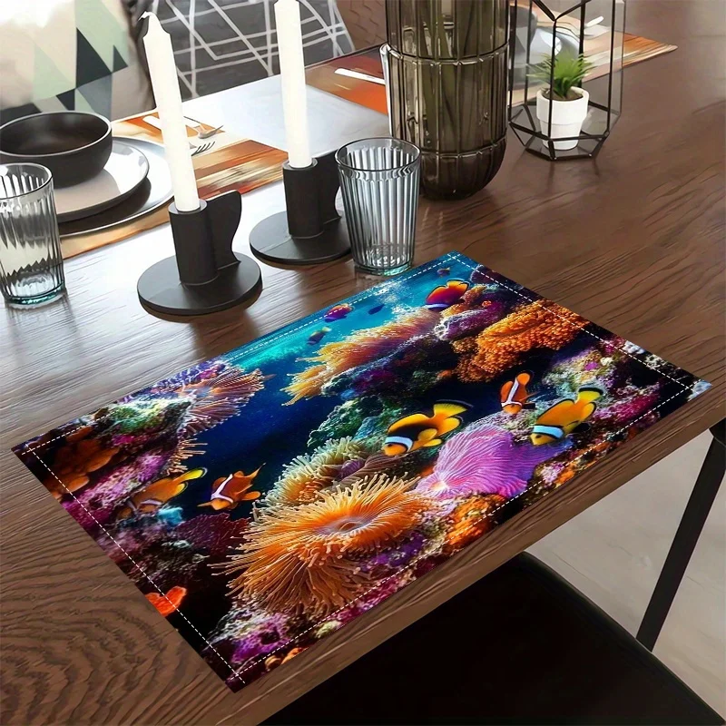 1PC Underwater World Placemats - 2D Printed Coral Reef & Fish Design, Durable Linen Table Mats