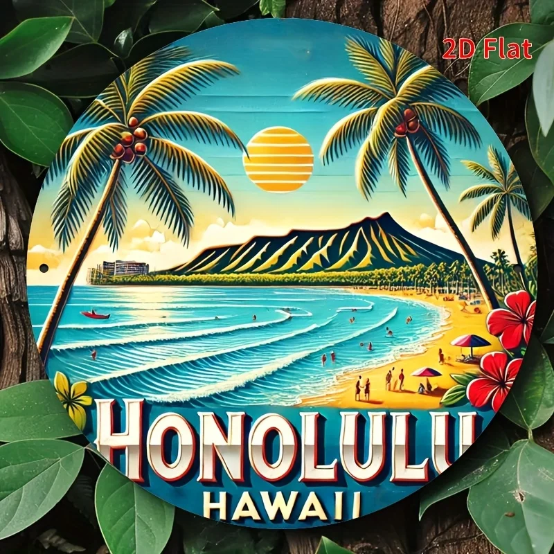 2D flach, 1 Stück 8 x 8 Zoll (20 x 20 cm) 2D flaches Schild/Honolulu Hawaii/Blechschild – runde Aluminium-Wandkunst/ lustige Vintage-Plakette, Zuhause
