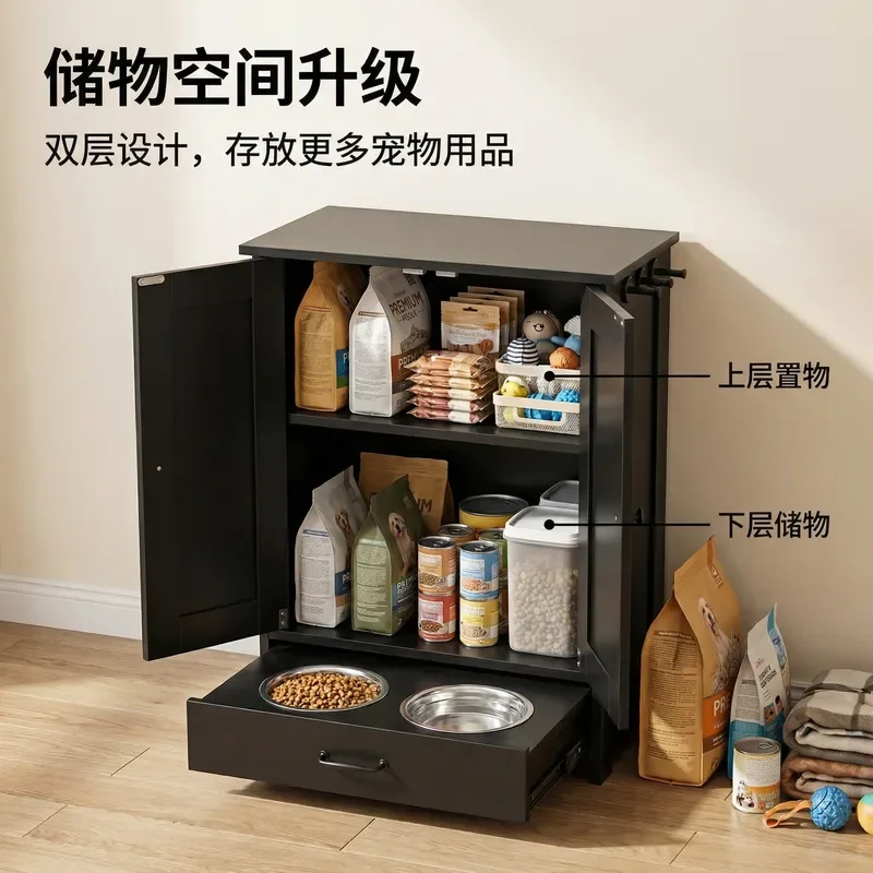 Dog Cat Feeding Station Pet Supplies Locker Double Bowl Rack Pet Cabinet Food Basin